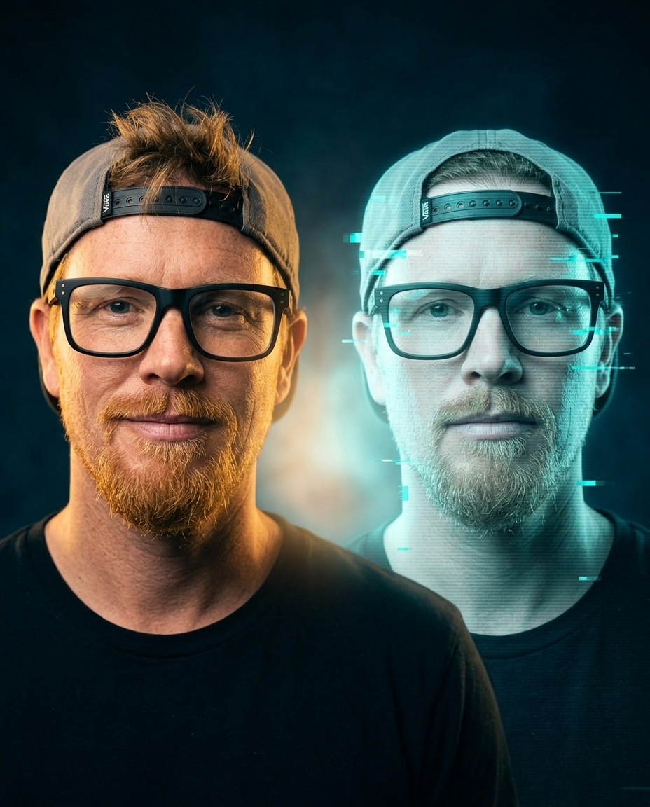 Zac (human, warm gold) beside Zax, his AI twin (aqua)