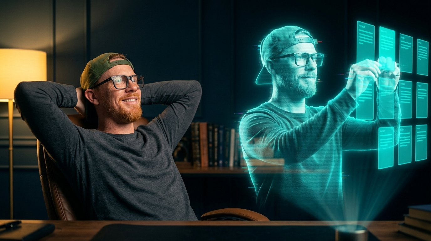 Zac relaxed at his desk while his AI co-founder Zax works the screens